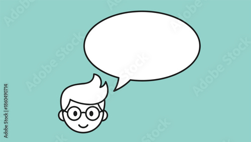 A simple line art icon of a boy's head with glasses and a stylish haircut, with a large, blank oval speech bubble for adding custom text.