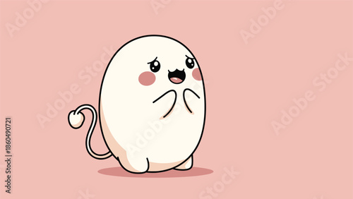 An adorable and shy cartoon creature with blushing cheeks and a devil-like tail, looking anxious or bashful on a plain pink background with copy space.