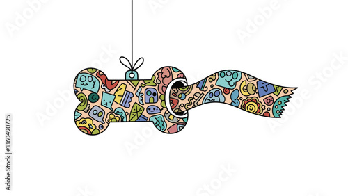 A hanging dog bone-shaped tag or banner filled with a colorful and chaotic doodle pattern, perfect for pet-related designs and messages.