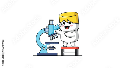 A cute cartoon marshmallow character with blonde hair, dressed as a scientist, happily looking through a microscope while standing on a small stool.
