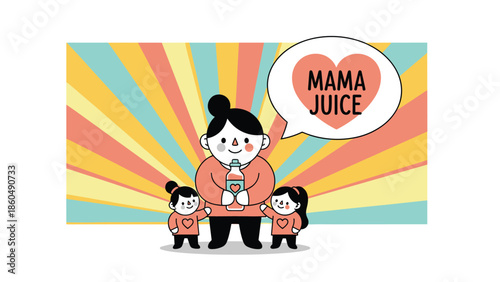 A mother offering a bottle of 'Mama Juice' to her two happy daughters against a vibrant, retro sunbeam background, celebrating motherhood.