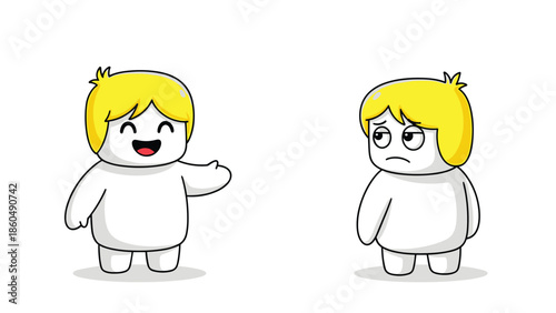 A cartoon character shown in two contrasting emotional states, one happy and welcoming, and the other sad, bored, or skeptical with an eye roll.