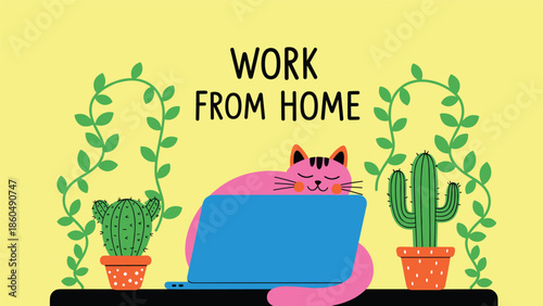 A cute pink cat sleeping on a laptop with the text 'Work From Home,' surrounded by cactus plants, illustrating a cozy remote work environment.