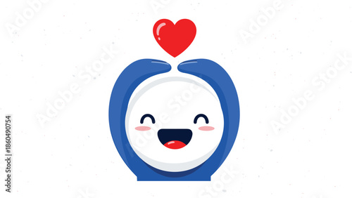 A cute and simple character with a happy, blushing face, joyfully holding up a red heart, symbolizing giving love, care, and support.