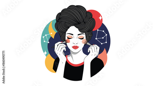 A beautiful woman applying makeup with brushes, set against a celestial background with the moon, stars, and constellations, connecting beauty with astrology.