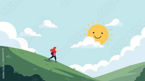 A woman with a backpack hiking up a green hill on a beautiful day with a smiling sun peeking from behind the clouds in a clear blue sky.