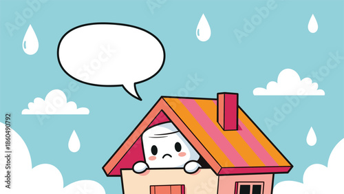 A sad cartoon marshmallow character looking out of a house window on a rainy day, with a blank speech bubble for text, depicting loneliness or boredom.