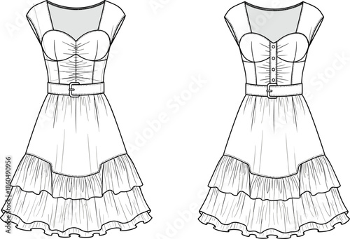 Women ruffle dress technical drawing, front back view fashion flat sketch, belted bodice midi dress illustration