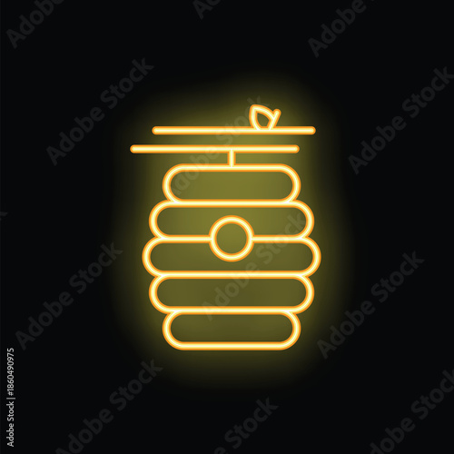Yellow neon sign depicting a beehive with a round entrance and a bee sitting on top, glowing on a black background
