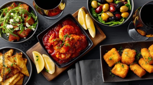 An enticing tapas spread showcasing assorted dishes, garnished with fresh herbs and accompanied by slices of lemon