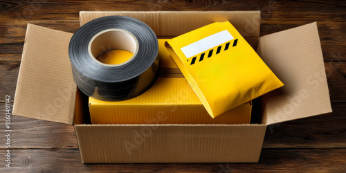 Cardboard box containing yellow packages and black tape on a wooden table