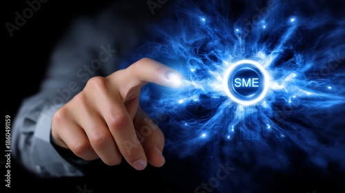 A close-up of a hand reaching towards a glowing, futuristic interface with vibrant blue energy effects against a dark background