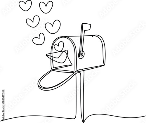 Title: Mailbox with a heart shape and smaller hearts floating out of it in a black and white line