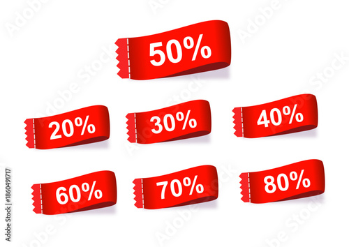 Collection of red discount labels with various percentage values.