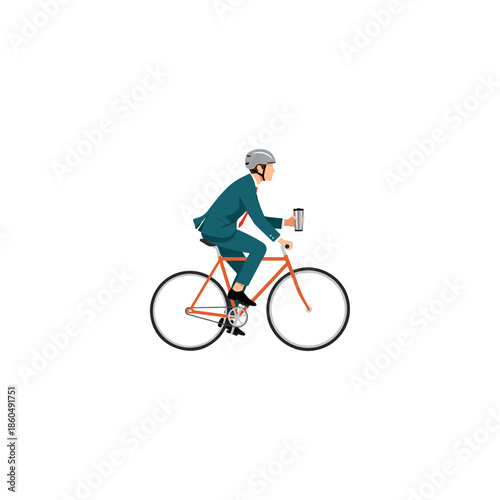 Man in Suit Riding Bicycle with Coffee Cup in Hand Commuting to Work Environmentally Friendly Transport Option
