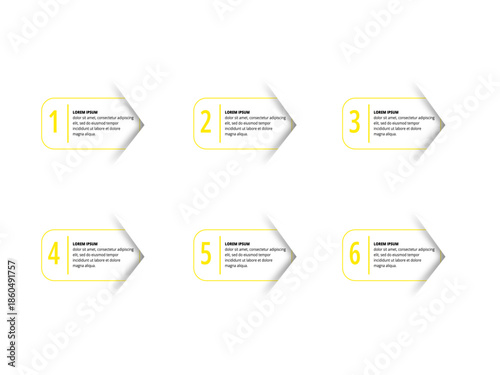 Six Step Infographic Template with Numbered Arrows and Placeholder Text.