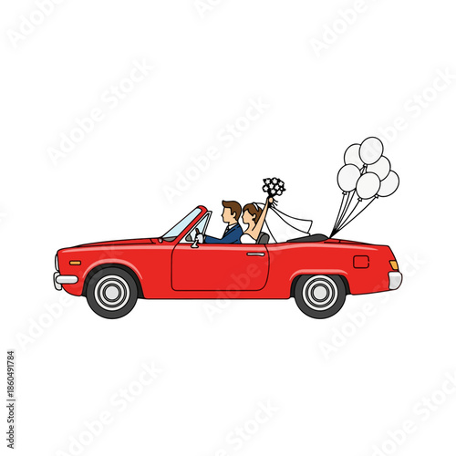 Newlyweds Driving a Red Convertible with Wedding Bouquet and Balloons Celebrating Their Big Day