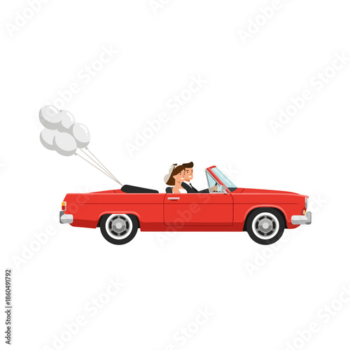 Newlyweds in a Red Convertible Car with Balloons Celebrating Their Wedding Day Driving Away Happiness and Joy