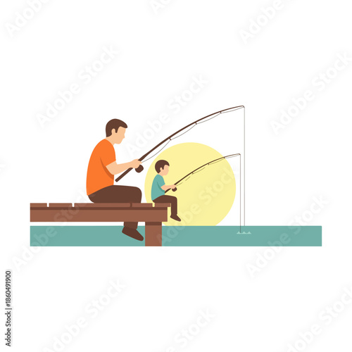 Father and Son Fishing Together on a Wooden Pier Dock with a Yellow Sun in the Background, Relaxing Outdoor Activity