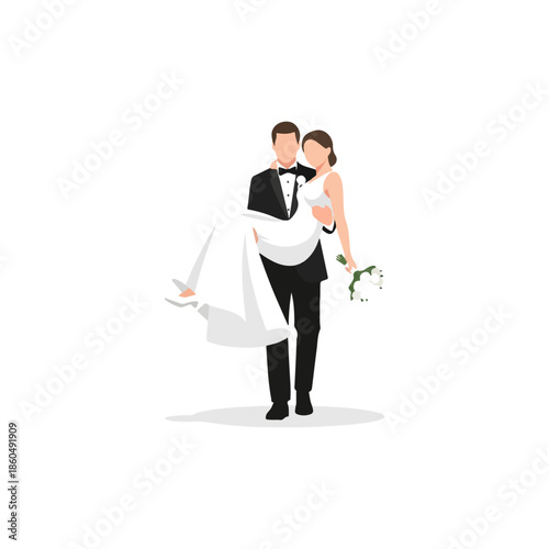 Groom Carries Bride In Arms Holding Bouquet Of Flowers, Wedding Couple, White Background, Vector Illustration
