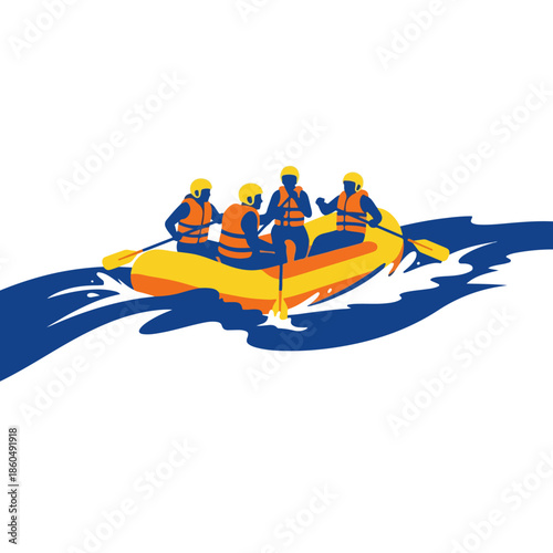 Four Adventurers Rafting Down a Blue River Surrounded by White Water Rapids and Splash, Wearing Yellow Helmets and Orange Life Jackets