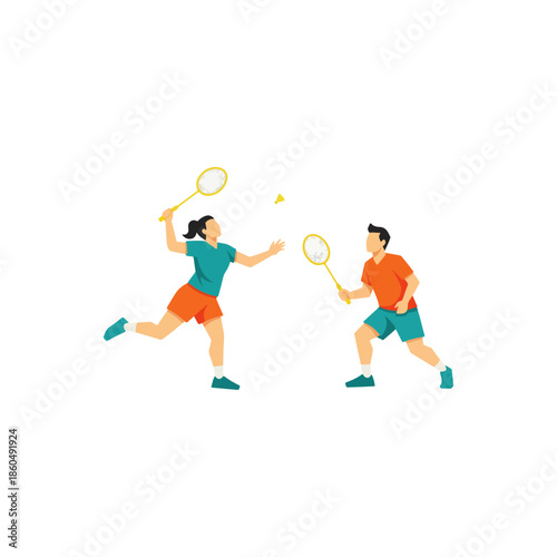 Flat design illustration of a man and woman playing badminton, dynamic sports activity, healthy lifestyle.
