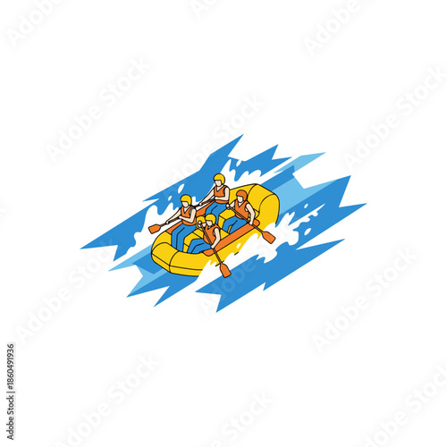 Group of people white water rafting on a yellow raft down a blue river with crashing waves, dynamic illustration