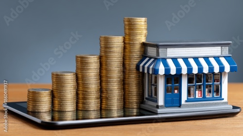 A symbolic representation of small business success with coins stacking on a tablet beside a miniature store model, showcasing growth and innovation