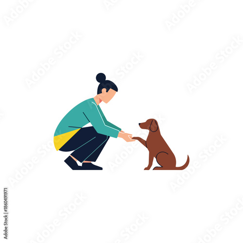 Illustration of a woman squatting, holding the paw of her pet dog, a heartwarming moment of training and friendship