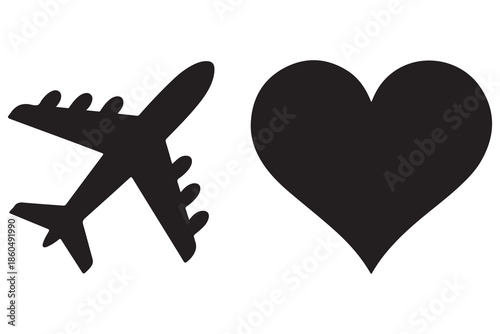 Airplane and heart love travel concept silhouette
