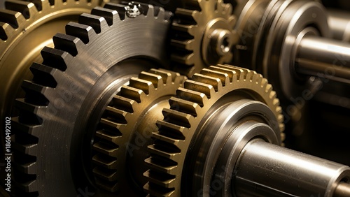 A close-up of metallic gear wheels and steel cogs showcases an industrial machine mechanism representing engineering power and teamwork technology