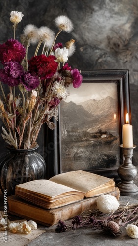 A vintage still life featuring sepia-toned photographs, a candle, dried flowers, and ornate books on a textured surface