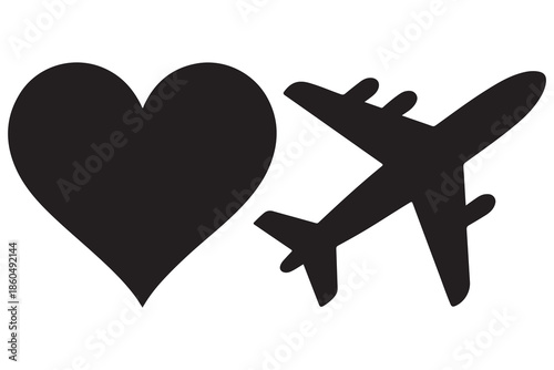 Airplane and heart love travel concept silhouette
