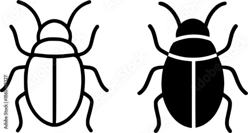 Simple icon, beetle illustration, black and white, outline and silhouette versions