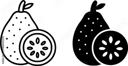 Simple icon, jackfruit illustration, black and white, outline and silhouette versions