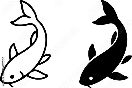 Simple icon, koi fish illustration, black and white, outline and silhouette versions