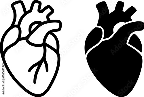 Simple icon, heart illustration, black and white, outline and silhouette versions