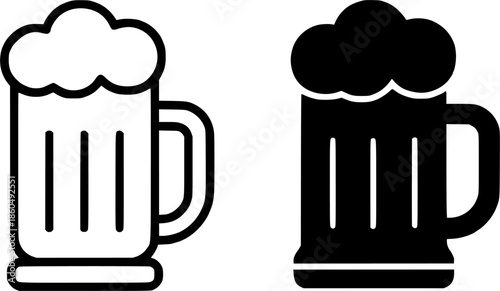 Simple icon, beer illustration, black and white, outline and silhouette versions