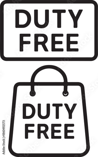Duty Free shopping bag and sign icons simple black and white vector graphics for retail and travel concepts isolated on white background