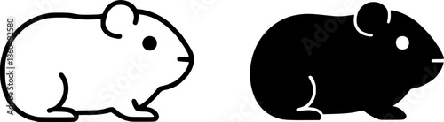 Simple icon, guinea pig illustration, black and white, outline and silhouette versions