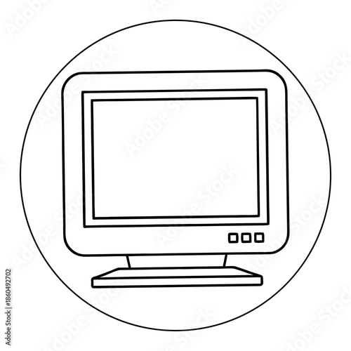 Retro Screen Emblem: A minimalistic illustration features a classic computer screen, rendered in clean lines within a circular frame, embodying simplicity and technological nostalgia.