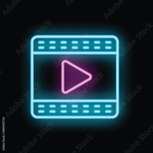 Bright neon video player icon glowing on dark background, concept of online cinema and streaming platform