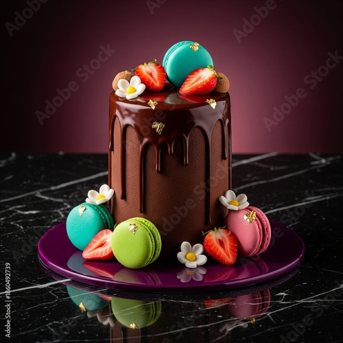 Gourmet Chocolate Drip Cake Decorated with Colorful Macarons and Fresh Strawberries