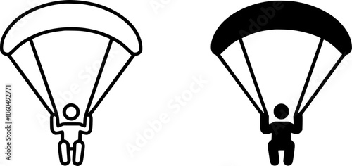 Simple icon, paragliding illustration, black and white, outline and silhouette versions