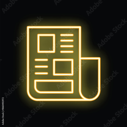 Bright yellow neon icon of a newspaper glowing on dark background