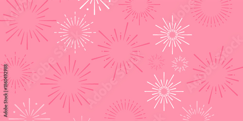 Happy Valentines Day text with fireworks and hearts on pink background for greeting card. Romantic celebration banner template.