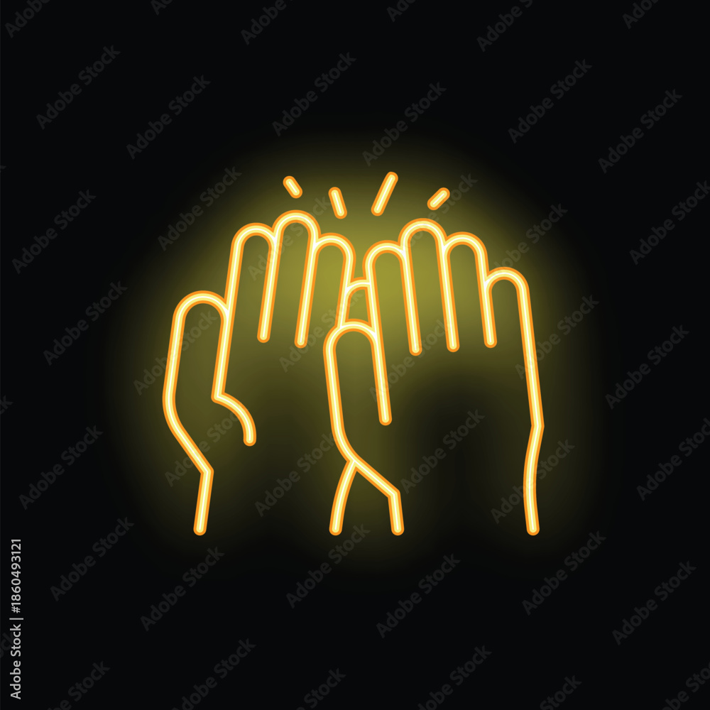 Obraz premium Neon sign of four hands clapping, celebrating a success or achievement