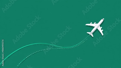 White airplane flying on green background with path line for travel. Air transport and vacation concept for tourism or business trip. Air plane map.