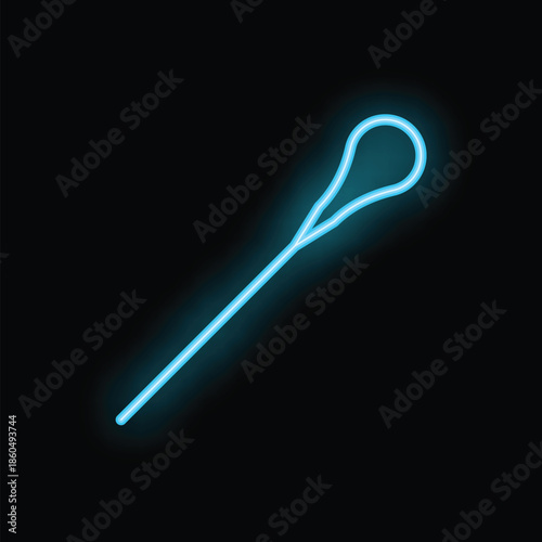 Glowing neon blue lacrosse stick is depicted on a black background, providing a vibrant and energetic representation of the sport