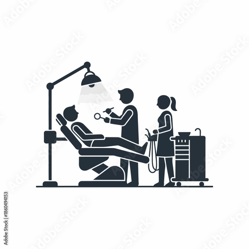 Dentist examining patient in modern dental clinic with professional equipment in minimalist style for healthcare advertising